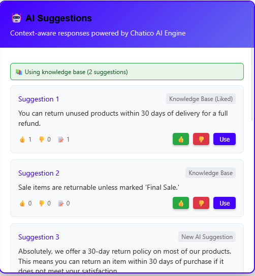 AI Suggestions panel showing recommended replies